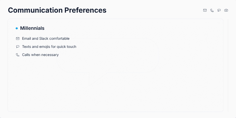 A presentation slide titled 'Communication Preferences' that compares Millennials and Gen Z. On the left, a column for 'Millennials' lists preferences for email, texts, and calls. On the right, a column for 'Gen Z' lists preferences for DMs, short videos, fewer emails, and async replies. Each point is accompanied by a relevant icon. Fragment #2