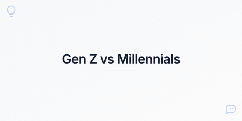 A title slide for a presentation titled 'Gen Z vs Millennials'. The background is a light gray gradient with a subtle grain texture. A blue lightbulb icon is in the top-left corner and a blue chat icon is in the bottom-right. The centered text reads 'Gen Z vs Millennials' in a large, dark font, with 'Understanding Generational Differences in 2025' below it in a smaller font. Fragment #1