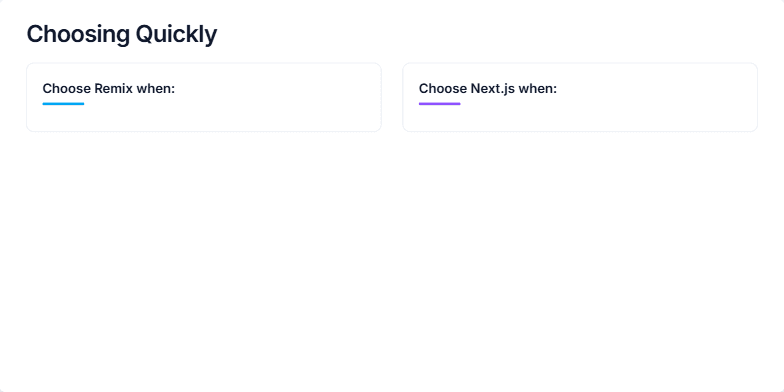 A comparison slide titled 'Choosing Quickly' contrasting the Remix and Next.js frameworks. The left column, accented in blue, lists reasons to choose Remix, focusing on web standards and progressive enhancement. The right column, in purple, highlights reasons for Next.js, such as React Server Components and Vercel integration. A concluding note at the bottom advises that both are excellent choices. Fragment #1