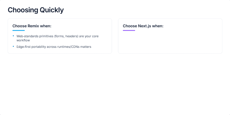 A comparison slide titled 'Choosing Quickly' contrasting the Remix and Next.js frameworks. The left column, accented in blue, lists reasons to choose Remix, focusing on web standards and progressive enhancement. The right column, in purple, highlights reasons for Next.js, such as React Server Components and Vercel integration. A concluding note at the bottom advises that both are excellent choices. Fragment #3