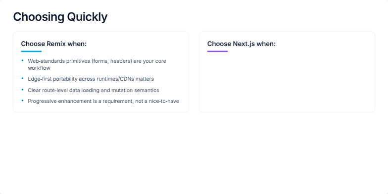 A comparison slide titled 'Choosing Quickly' contrasting the Remix and Next.js frameworks. The left column, accented in blue, lists reasons to choose Remix, focusing on web standards and progressive enhancement. The right column, in purple, highlights reasons for Next.js, such as React Server Components and Vercel integration. A concluding note at the bottom advises that both are excellent choices. Fragment #5