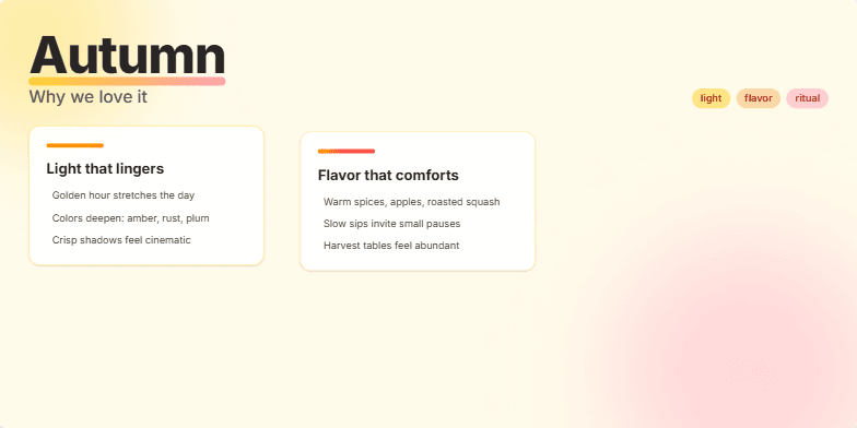 A slide titled 'Autumn: Why we love it' with a warm amber and rose color scheme. It features three main cards detailing the season's charms: 'Light that lingers,' 'Flavor that comforts,' and 'Rituals that restore.' Fragment #3