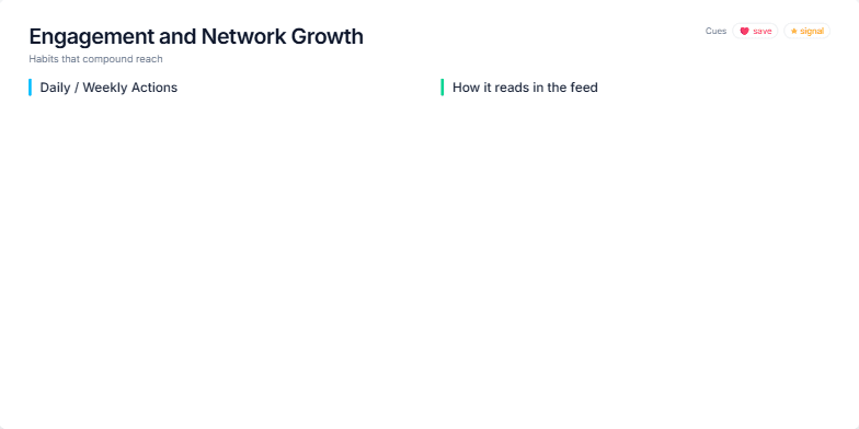 A slide titled 'Engagement and Network Growth' with the subtitle 'Habits that compound reach'. It's split into two columns. The left column, 'Daily / Weekly Actions,' lists tasks like 'Comment on 5 relevant posts.' The right column, 'How it reads in the feed,' shows examples of messages in chat bubbles. Fragment #1