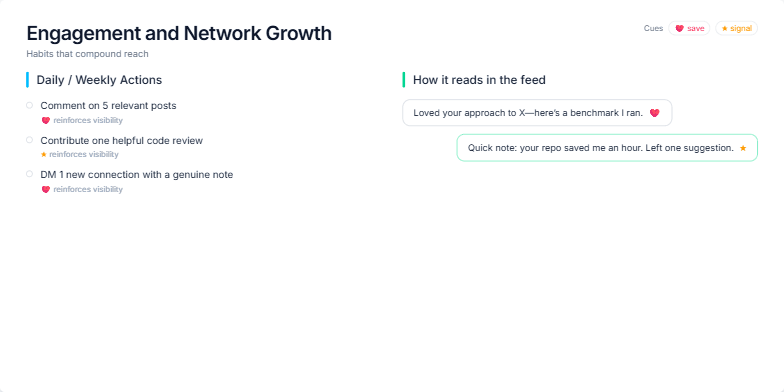 A slide titled 'Engagement and Network Growth' with the subtitle 'Habits that compound reach'. It's split into two columns. The left column, 'Daily / Weekly Actions,' lists tasks like 'Comment on 5 relevant posts.' The right column, 'How it reads in the feed,' shows examples of messages in chat bubbles. Fragment #4