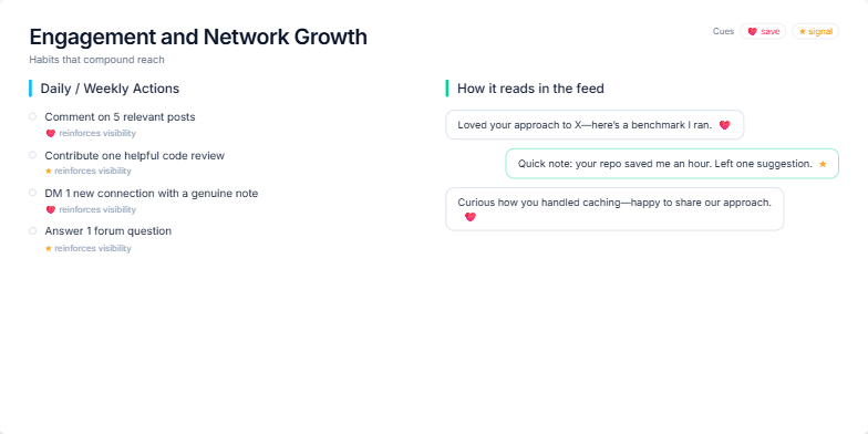 A slide titled 'Engagement and Network Growth' with the subtitle 'Habits that compound reach'. It's split into two columns. The left column, 'Daily / Weekly Actions,' lists tasks like 'Comment on 5 relevant posts.' The right column, 'How it reads in the feed,' shows examples of messages in chat bubbles. Fragment #5