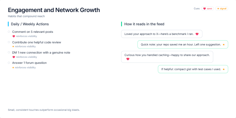 A slide titled 'Engagement and Network Growth' with the subtitle 'Habits that compound reach'. It's split into two columns. The left column, 'Daily / Weekly Actions,' lists tasks like 'Comment on 5 relevant posts.' The right column, 'How it reads in the feed,' shows examples of messages in chat bubbles. Fragment #6