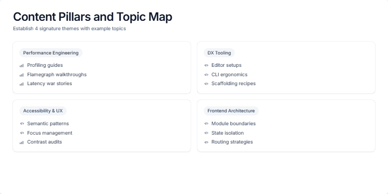 A presentation slide titled 'Content Pillars and Topic Map'. It features a 2x2 grid of four cards against a subtle dot-grid background. Each card details a pillar like 'Performance Engineering' and lists example topics with small icons.