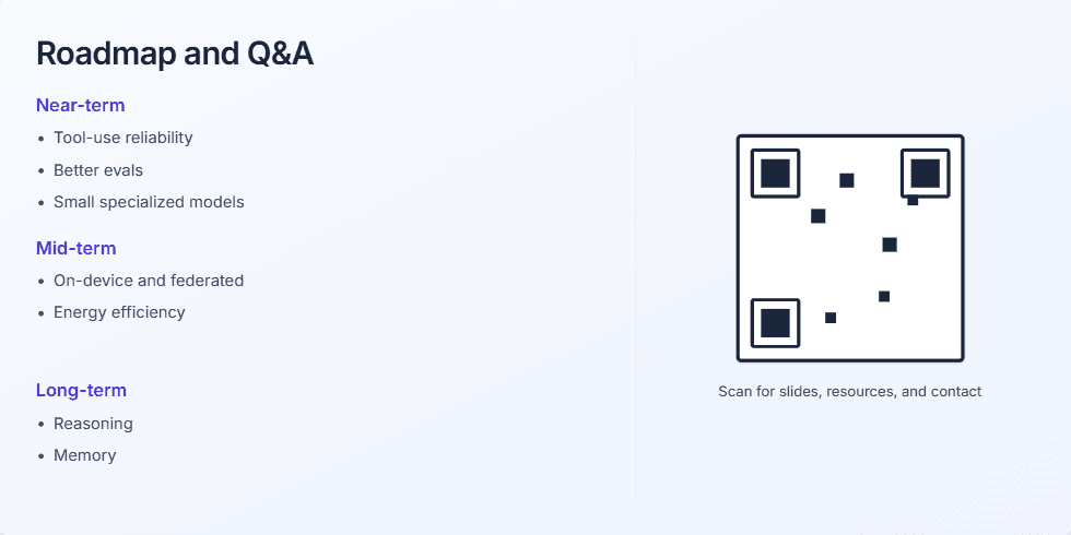A presentation slide titled 'Roadmap and Q&A'. The left side details a roadmap with 'Near-term', 'Mid-term', and 'Long-term' goals. The right side displays a large, stylized QR code above text that reads 'Scan for slides, resources, and contact' and 'Thank you — happy to take your questions.' Fragment #11