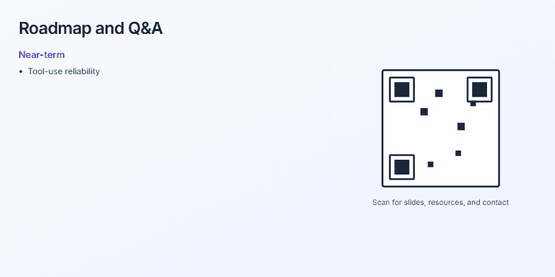 A presentation slide titled 'Roadmap and Q&A'. The left side details a roadmap with 'Near-term', 'Mid-term', and 'Long-term' goals. The right side displays a large, stylized QR code above text that reads 'Scan for slides, resources, and contact' and 'Thank you — happy to take your questions.' Fragment #3