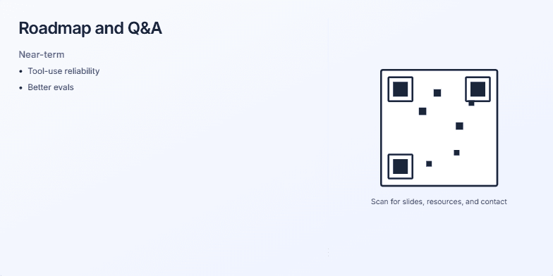 A presentation slide titled 'Roadmap and Q&A'. The left side details a roadmap with 'Near-term', 'Mid-term', and 'Long-term' goals. The right side displays a large, stylized QR code above text that reads 'Scan for slides, resources, and contact' and 'Thank you — happy to take your questions.' Fragment #4