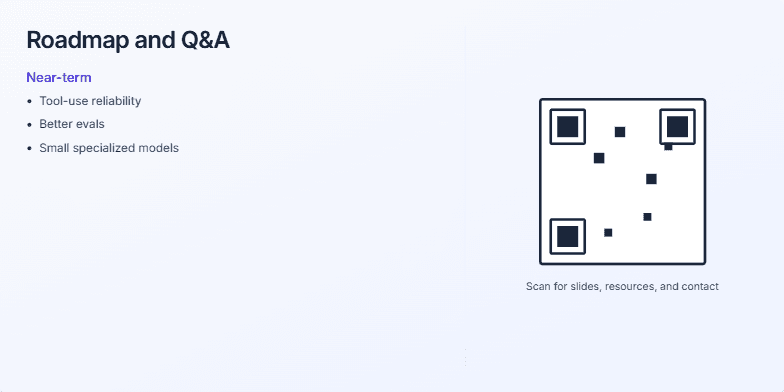 A presentation slide titled 'Roadmap and Q&A'. The left side details a roadmap with 'Near-term', 'Mid-term', and 'Long-term' goals. The right side displays a large, stylized QR code above text that reads 'Scan for slides, resources, and contact' and 'Thank you — happy to take your questions.' Fragment #5
