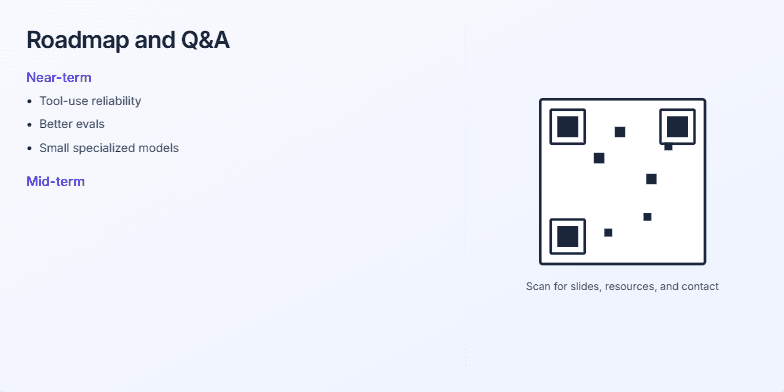 A presentation slide titled 'Roadmap and Q&A'. The left side details a roadmap with 'Near-term', 'Mid-term', and 'Long-term' goals. The right side displays a large, stylized QR code above text that reads 'Scan for slides, resources, and contact' and 'Thank you — happy to take your questions.' Fragment #6