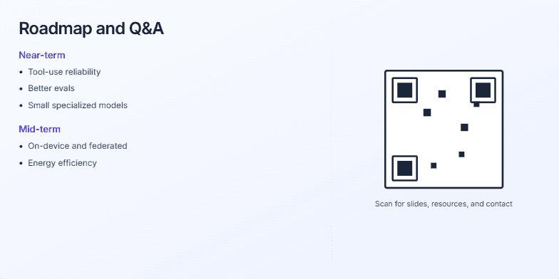 A presentation slide titled 'Roadmap and Q&A'. The left side details a roadmap with 'Near-term', 'Mid-term', and 'Long-term' goals. The right side displays a large, stylized QR code above text that reads 'Scan for slides, resources, and contact' and 'Thank you — happy to take your questions.' Fragment #8