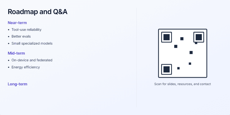 A presentation slide titled 'Roadmap and Q&A'. The left side details a roadmap with 'Near-term', 'Mid-term', and 'Long-term' goals. The right side displays a large, stylized QR code above text that reads 'Scan for slides, resources, and contact' and 'Thank you — happy to take your questions.' Fragment #9