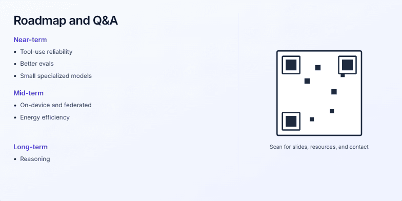 A presentation slide titled 'Roadmap and Q&A'. The left side details a roadmap with 'Near-term', 'Mid-term', and 'Long-term' goals. The right side displays a large, stylized QR code above text that reads 'Scan for slides, resources, and contact' and 'Thank you — happy to take your questions.' Fragment #10