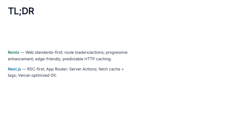 A slide titled 'TL;DR' comparing the Remix and Next.js frameworks. On the left are two bullet points summarizing each framework's philosophy. On the right is a comparison table showing that both frameworks support routing, data, mutations, caching, and deployment. Fragment #3
