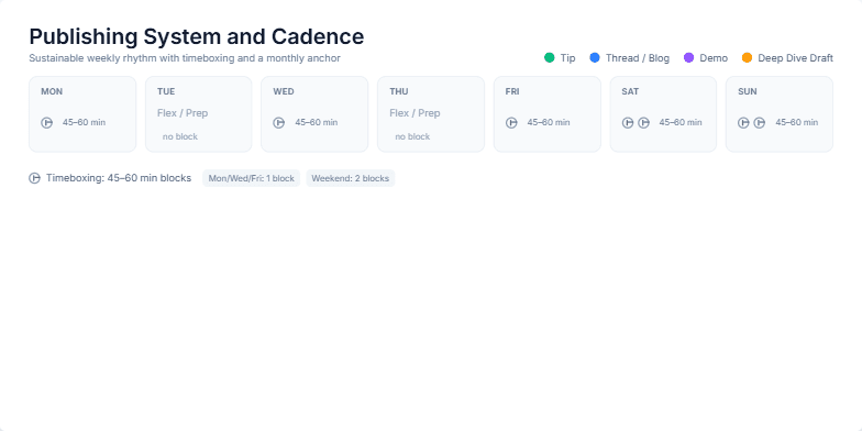 A slide titled 'Publishing System and Cadence' displays a 7-day weekly calendar with color-coded tasks. Below it are legends explaining the timeboxing system and a highlighted box for the 'Monthly Anchor Piece'. Fragment #1