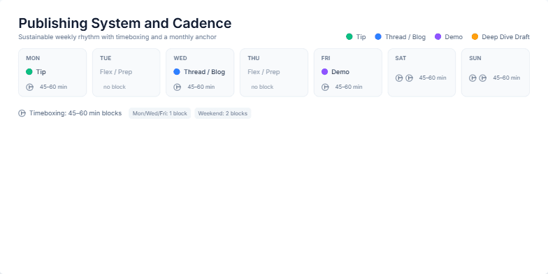 A slide titled 'Publishing System and Cadence' displays a 7-day weekly calendar with color-coded tasks. Below it are legends explaining the timeboxing system and a highlighted box for the 'Monthly Anchor Piece'. Fragment #4