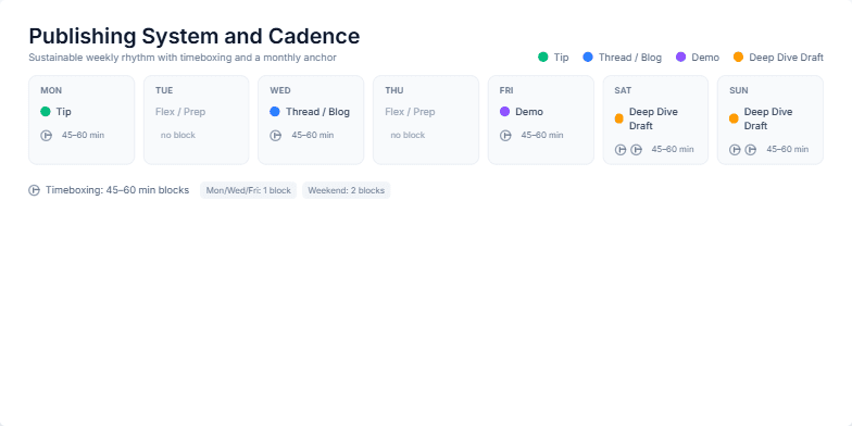 A slide titled 'Publishing System and Cadence' displays a 7-day weekly calendar with color-coded tasks. Below it are legends explaining the timeboxing system and a highlighted box for the 'Monthly Anchor Piece'. Fragment #5