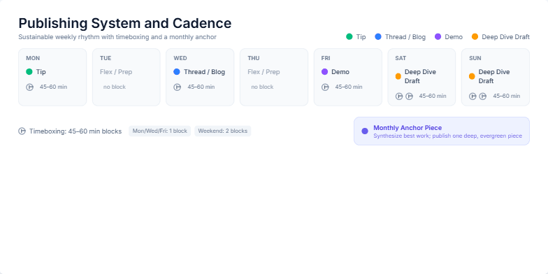 A slide titled 'Publishing System and Cadence' displays a 7-day weekly calendar with color-coded tasks. Below it are legends explaining the timeboxing system and a highlighted box for the 'Monthly Anchor Piece'.