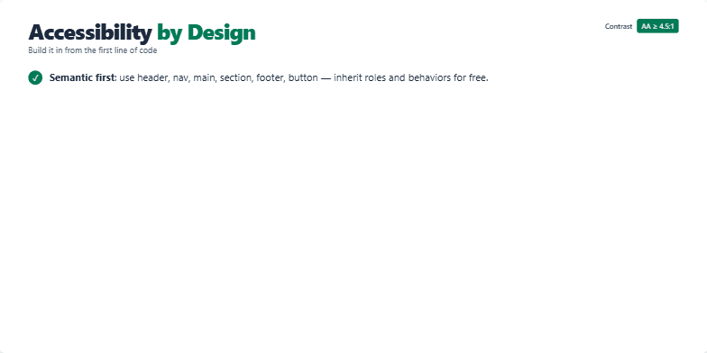 Slide on web accessibility best practices, showing a checklist of key considerations like semantic HTML, labeling, focus management, keyboard navigation, and ARIA attributes, along with a code example demonstrating proper label association and focus trap activation. Fragment #2