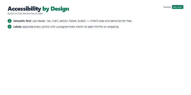 Slide on web accessibility best practices, showing a checklist of key considerations like semantic HTML, labeling, focus management, keyboard navigation, and ARIA attributes, along with a code example demonstrating proper label association and focus trap activation. Fragment #3