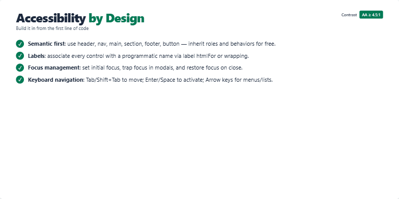 Slide on web accessibility best practices, showing a checklist of key considerations like semantic HTML, labeling, focus management, keyboard navigation, and ARIA attributes, along with a code example demonstrating proper label association and focus trap activation. Fragment #5