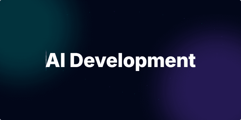 A slide with the title 'AI Development' in bold white text against a dark background with animated particles and blurred neon gradients. A faint isometric grid provides subtle texture, and a scanning line animates across the title. The speaker's name and date are displayed discreetly in the bottom left corner. Fragment #2