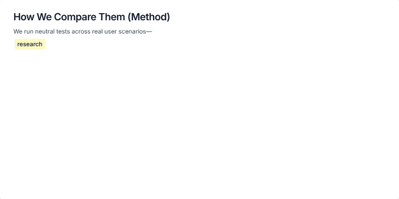 Slide illustrating the methodology for comparing AI tools, including icons representing consistent prompts, time-bound reviews, and use of public features. Fragment #3