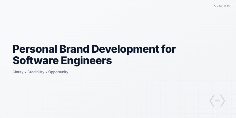 Title slide for a presentation on 'Personal Brand Development for Software Engineers'. Subtitle reads 'Clarity • Credibility • Opportunity'. The slide has a light gray background with a grid texture and a stylized blue code bracket icon in the bottom-right corner. Fragment #1