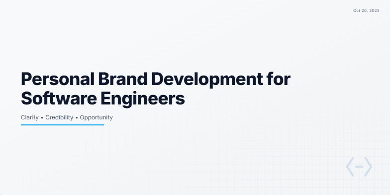 Title slide for a presentation on 'Personal Brand Development for Software Engineers'. Subtitle reads 'Clarity • Credibility • Opportunity'. The slide has a light gray background with a grid texture and a stylized blue code bracket icon in the bottom-right corner.