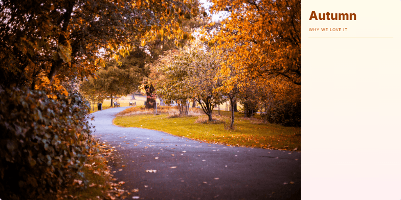 A presentation slide about Autumn, featuring a split-screen layout. The left side shows a beautiful photo of a sunlit park path with golden-orange trees. The right sidebar has a warm gradient background and lists reasons to love the season, such as 'Golden light that softens edges' and 'Crunch underfoot,' with amber-colored bullet points and headings. Fragment #1