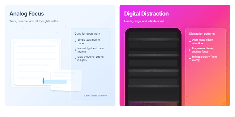 Split-screen slide contrasting 'Analog Focus' (calm blue, person journaling) with 'Digital Distraction' (neon pink/orange, glitching phone with notifications).