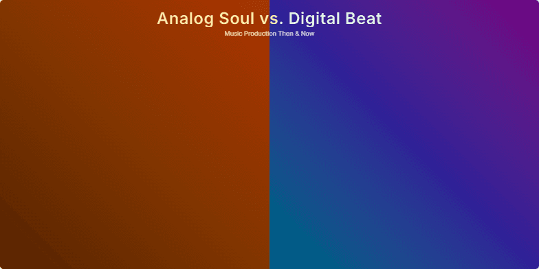 A slide split down the middle, with a warm sepia tone on the left representing 'Analog Soul' with vintage recording equipment visuals, and a vibrant neon hue on the right for 'Digital Beat' showcasing modern digital audio workstations and plugins. A dynamic transition bridge in the center morphs the old into the new. Fragment #1