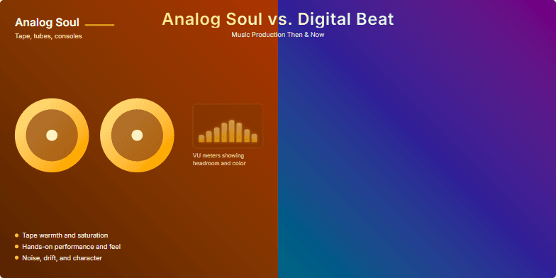 A slide split down the middle, with a warm sepia tone on the left representing 'Analog Soul' with vintage recording equipment visuals, and a vibrant neon hue on the right for 'Digital Beat' showcasing modern digital audio workstations and plugins. A dynamic transition bridge in the center morphs the old into the new. Fragment #2