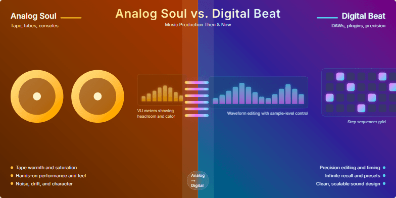 A slide split down the middle, with a warm sepia tone on the left representing 'Analog Soul' with vintage recording equipment visuals, and a vibrant neon hue on the right for 'Digital Beat' showcasing modern digital audio workstations and plugins. A dynamic transition bridge in the center morphs the old into the new. Fragment #4