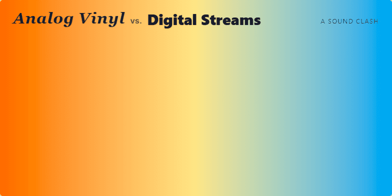 A slide visualizing the contrast between analog vinyl and digital streams. A spinning vinyl record transitions into a digital soundwave, with warm orange and cool blue gradients representing each format.  Retro and modern fonts highlight the 'then and now' theme. Fragment #1