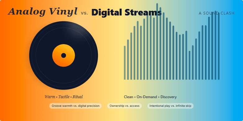A slide visualizing the contrast between analog vinyl and digital streams. A spinning vinyl record transitions into a digital soundwave, with warm orange and cool blue gradients representing each format.  Retro and modern fonts highlight the 'then and now' theme.