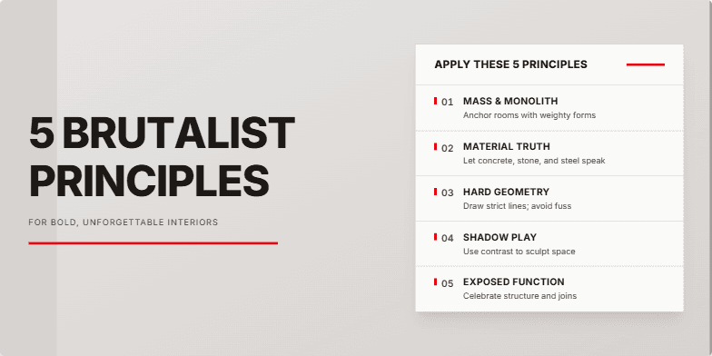 A presentation slide about Brutalist principles for interior design. The background is a textured concrete gray. On the left, the title '5 BRUTALIST PRINCIPLES' is in large, bold, black typography with a single red line underneath. On the right, a white panel lists the five principles with short descriptions. Fragment #4
