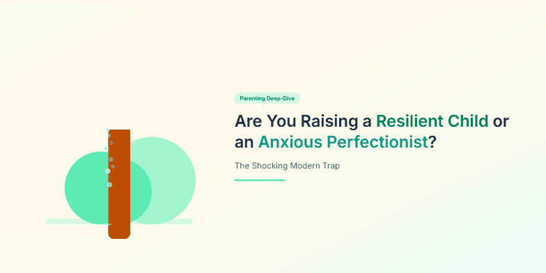 A slide titled 'Are You Raising a Resilient Child or an Anxious Perfectionist?'. On the left, a stylized illustration of a tree with animated, glowing teal vines creeping up its trunk. On the right, the title and bullet points on resilience and parenting strategies. Fragment #1