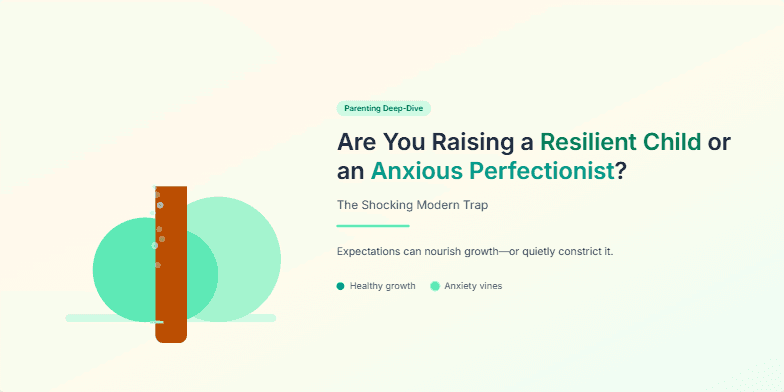 A slide titled 'Are You Raising a Resilient Child or an Anxious Perfectionist?'. On the left, a stylized illustration of a tree with animated, glowing teal vines creeping up its trunk. On the right, the title and bullet points on resilience and parenting strategies. Fragment #2