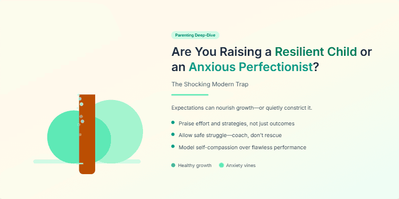 A slide titled 'Are You Raising a Resilient Child or an Anxious Perfectionist?'. On the left, a stylized illustration of a tree with animated, glowing teal vines creeping up its trunk. On the right, the title and bullet points on resilience and parenting strategies.
