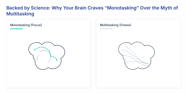 A slide titled 'Backed by Science: Why Your Brain Craves “Monotasking” Over the Myth of Multitasking'. It is divided into two columns. The left column, 'Monotasking (Focus)', shows a brain illustration with a single, bright teal pathway and the statistic 'Up to 40% higher productivity'. The right column, 'Multitasking (Chaos)', shows a brain with multiple tangled, dim pathways and the statistic '-10 IQ points'. Fragment #1