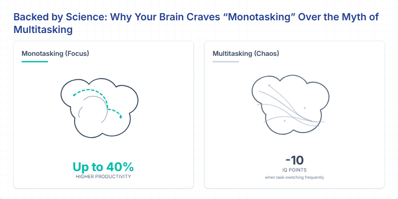 A slide titled 'Backed by Science: Why Your Brain Craves “Monotasking” Over the Myth of Multitasking'. It is divided into two columns. The left column, 'Monotasking (Focus)', shows a brain illustration with a single, bright teal pathway and the statistic 'Up to 40% higher productivity'. The right column, 'Multitasking (Chaos)', shows a brain with multiple tangled, dim pathways and the statistic '-10 IQ points'.