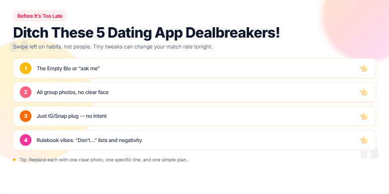 A slide with a warm sunset background and silhouettes of chatting couples. The title 'Before It's Too Late: Ditch These 5 Dating App Dealbreakers!' is displayed in bold, playful typography. Five numbered dealbreakers are listed, each accompanied by a 'swipe left' icon and a whimsical sound effect. Fragment #5