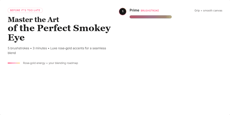 A slide demonstrating the steps of applying a smokey eye makeup look.  Each step is numbered and features a rose-gold accented progress bar. The title 'Master the Art of the Perfect Smokey Eye' is prominently displayed. Fragment #3
