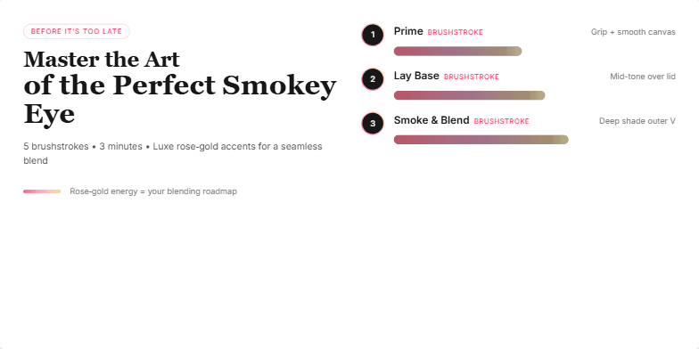 A slide demonstrating the steps of applying a smokey eye makeup look.  Each step is numbered and features a rose-gold accented progress bar. The title 'Master the Art of the Perfect Smokey Eye' is prominently displayed. Fragment #5