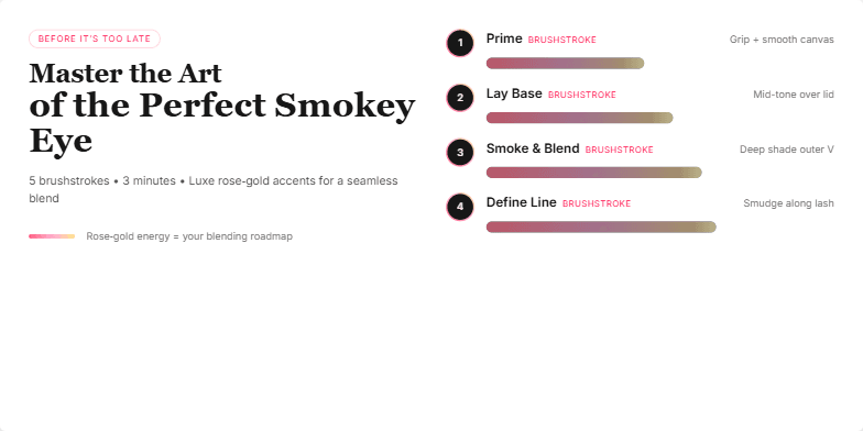A slide demonstrating the steps of applying a smokey eye makeup look.  Each step is numbered and features a rose-gold accented progress bar. The title 'Master the Art of the Perfect Smokey Eye' is prominently displayed. Fragment #6