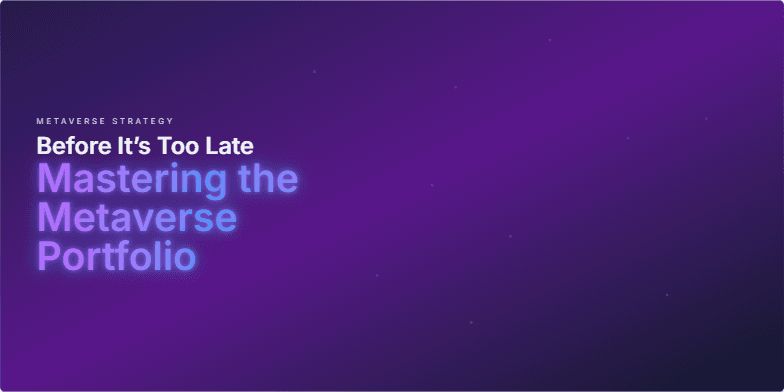 A futuristic slide visualizing a metaverse portfolio. A central node pulses, sending streams of light to represent diversification across virtual land (cyan), NFTs (fuchsia), and cryptocurrencies (amber).  The title 'Before It's Too Late: Mastering the Metaverse Portfolio' emphasizes the urgency and importance of strategic investment in the metaverse. Fragment #1