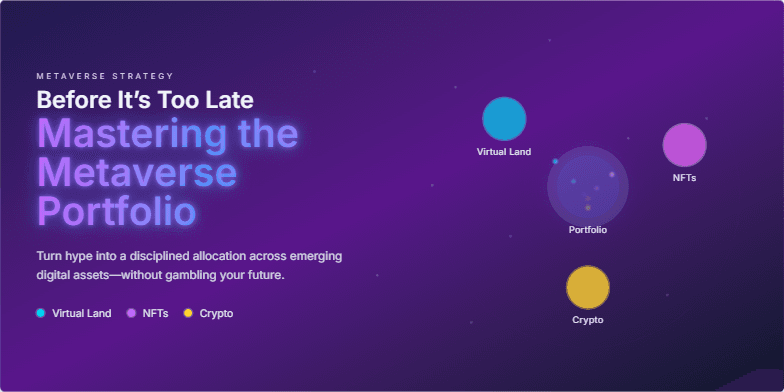 A futuristic slide visualizing a metaverse portfolio. A central node pulses, sending streams of light to represent diversification across virtual land (cyan), NFTs (fuchsia), and cryptocurrencies (amber).  The title 'Before It's Too Late: Mastering the Metaverse Portfolio' emphasizes the urgency and importance of strategic investment in the metaverse. Fragment #3